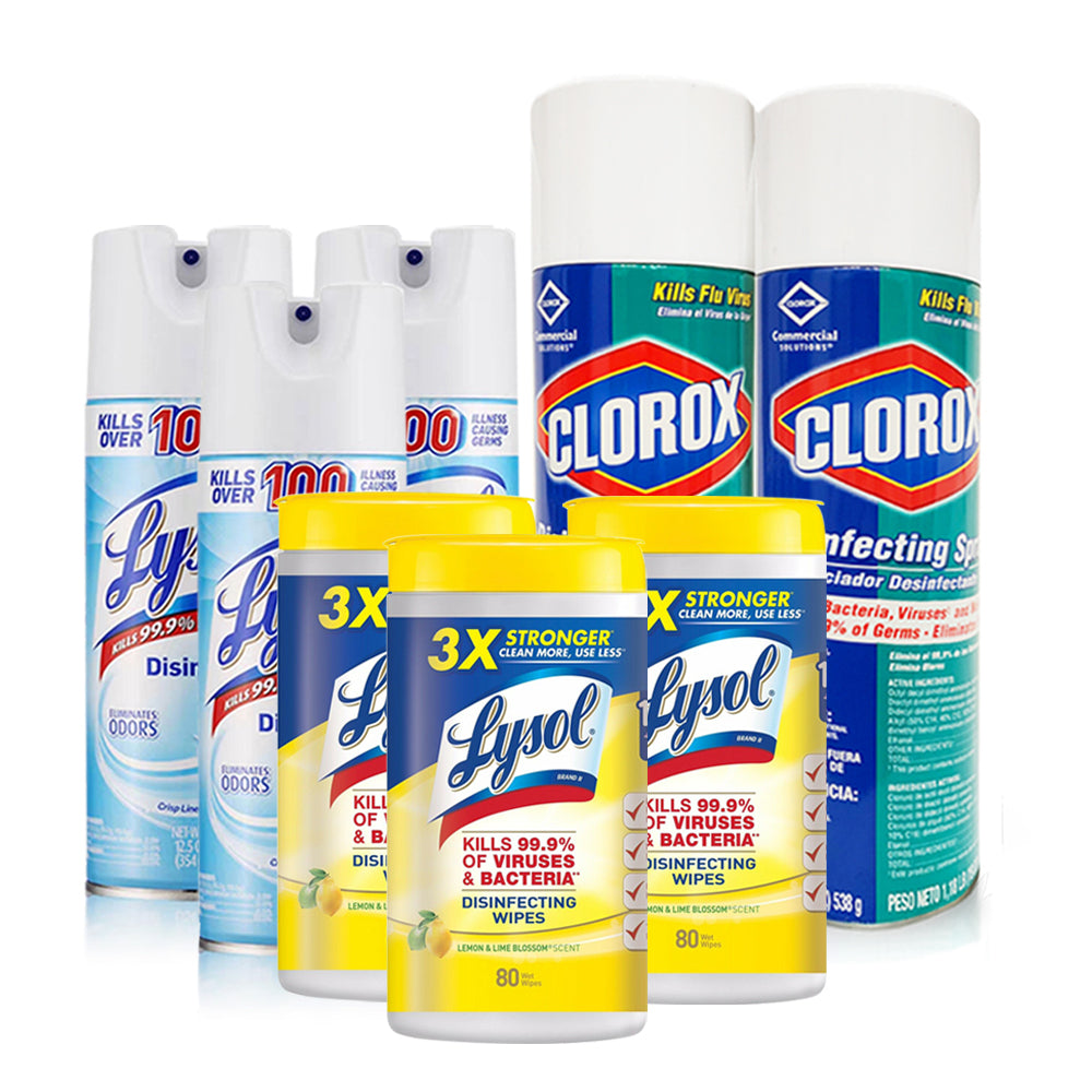 Newest Clorox  Disinfectant Spray 19OZ Pack of 2(538g each) + Lysol Sprays Can 12.5 OZ Pack of 3+ Lysol wipes 80 count pack of 3