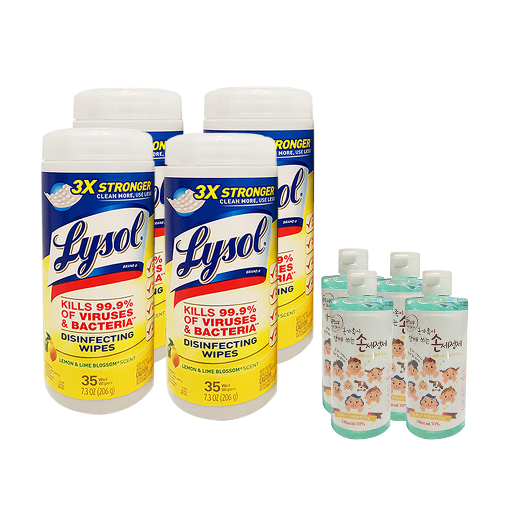 4 of Lysol Wipes 35 count (Lemon Scent) + 4 of 300ml  handle sanitizer