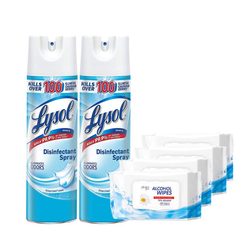 2 of Lysol Disinfectant Spray 19OZ Crisp Linen Scent + 4 of PH5B Disinfectant Wipes (50pcs each)